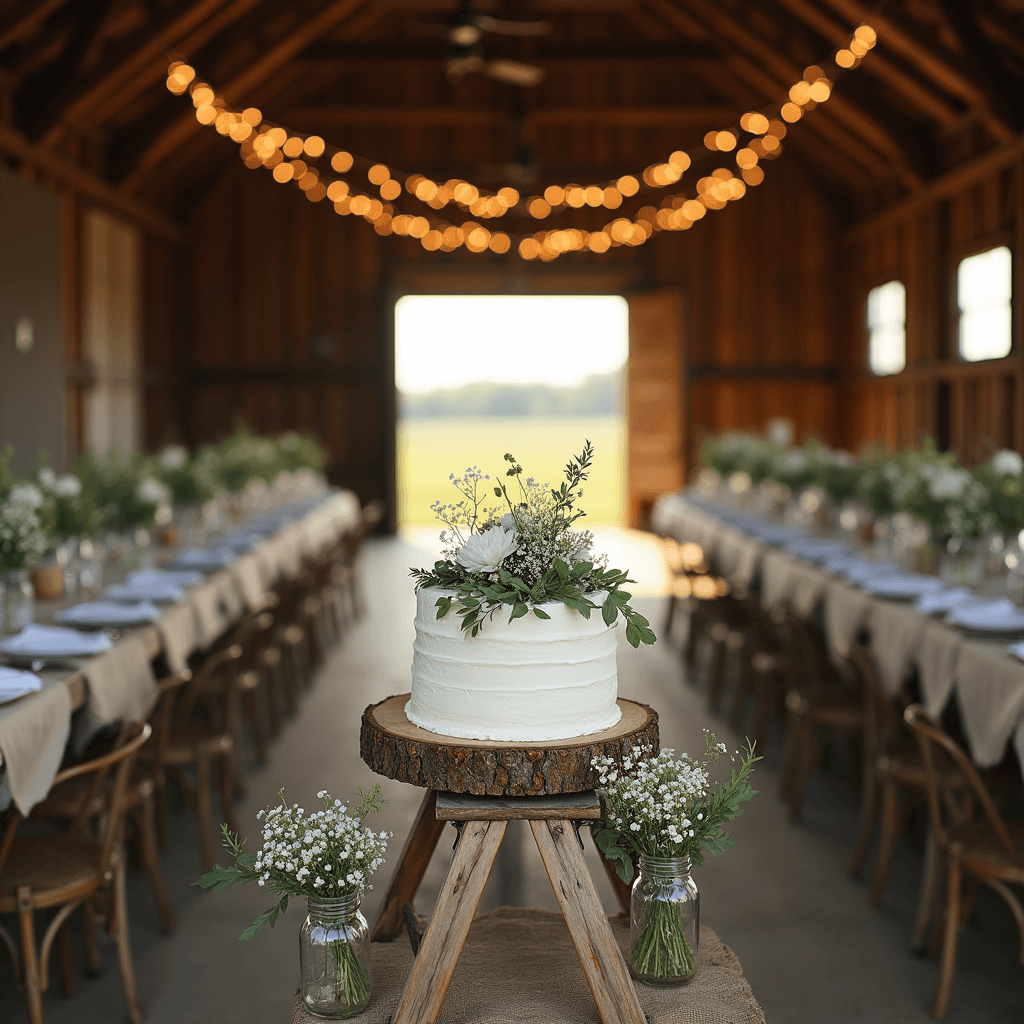 A rustic barn wedding scene featuring a naked cake with white frosting and fresh flowers on a vintage ladder dessert stand, surrounded by mason jars with wildflowers, burlap bunting, and fairy lights, with farm tables and mismatched chairs in the background and golden hour light streaming through open barn doors.
