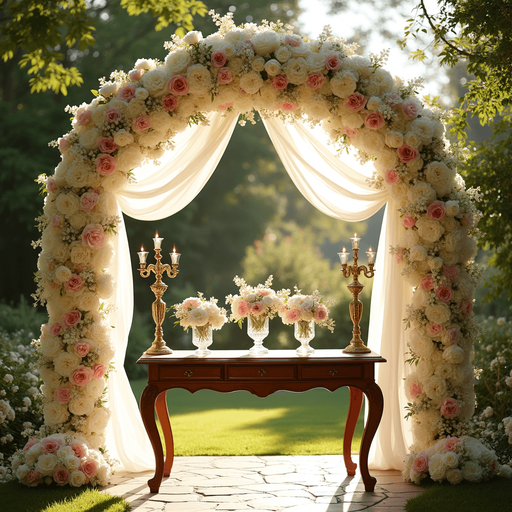 A beautifully decorated wedding altar in a sunlit garden featuring a floral arch with white roses, pink peonies, and lilies, framed by lush greenery; a vintage wooden table supports crystal vases with matching blooms, while sheer white fabric and gold candelabras add a romantic touch.