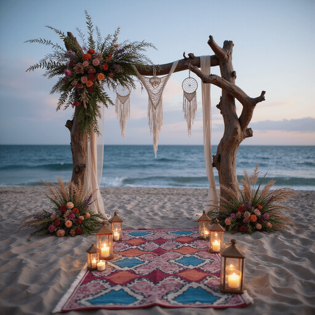 A boho chic beach wedding setup at twilight featuring a driftwood arch adorned with colorful wildflowers, pampas grass, macramé hangings, and dream catchers, with mismatched vintage rugs creating an aisle lined with lanterns, against a backdrop of the deep blue ocean and pastel sky.