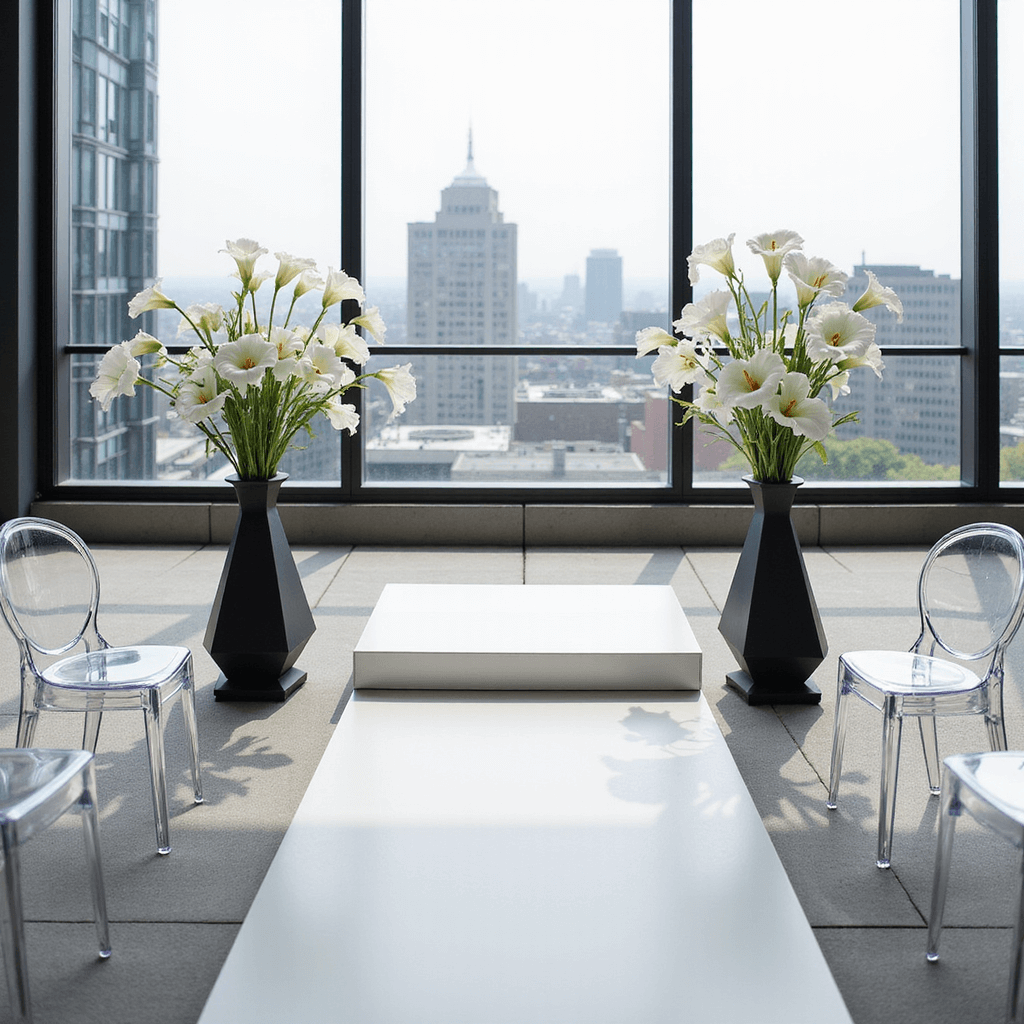 A modern minimalist rooftop ceremony space featuring a sleek white altar, framed by black geometric vases with white calla lilies, overlooking a city skyline through floor-to-ceiling windows, with ghost chairs symmetrically arranged and soft gray silk runners elegantly draped.