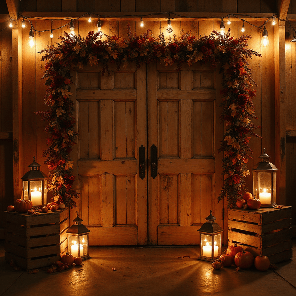 An intimate autumn wedding scene in a rustic barn at dusk, featuring warm fairy lights overhead, a floral-adorned altar framed by old wooden doors, vintage lanterns and pillar candles casting a cozy glow, and wooden crates filled with apples and pumpkins, all captured in a cinematic wide shot.