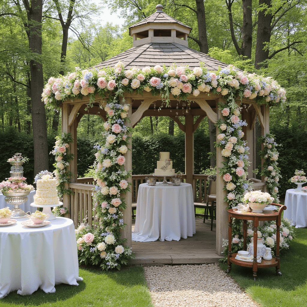 A whimsical garden party wedding features a pastel floral gazebo altar, mismatched vintage teacups with flower arrangements on tables, and a dessert cart with a tiered cake, all bathed in bright spring sunlight and sparkles from crystal prisms.