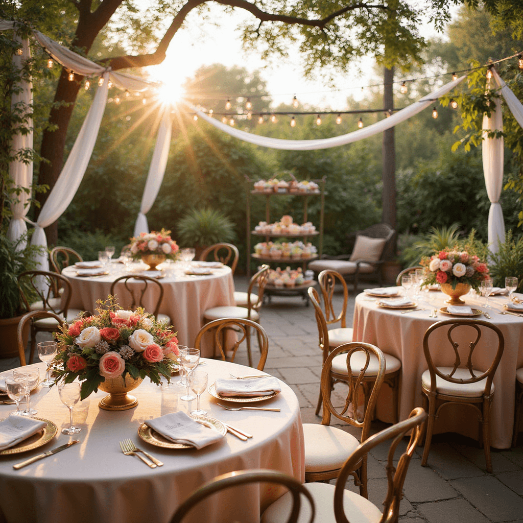 A wide-angle view of a sunlit garden terrace adorned with blush silk table linens, lush peony and ranunculus centerpieces, gold-rimmed place settings, and a vintage dessert cart with pastel-frosted cupcakes, all under a romantic canopy of fairy lights and sheer drapery at golden hour.