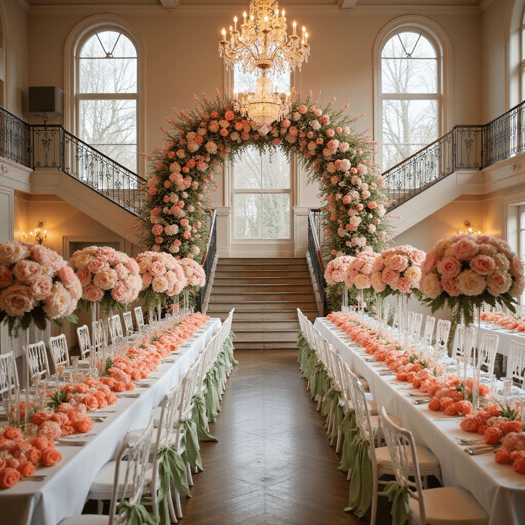 An elegant indoor ballroom transformed into a spring wonderland with crystal chandeliers, tables adorned with tulip runners in pale pink and coral, white Chiavari chairs with green silk ribbons, and a grand floral arch framing a sweeping staircase, captured from a low angle to highlight the grandeur and light play on floral designs.