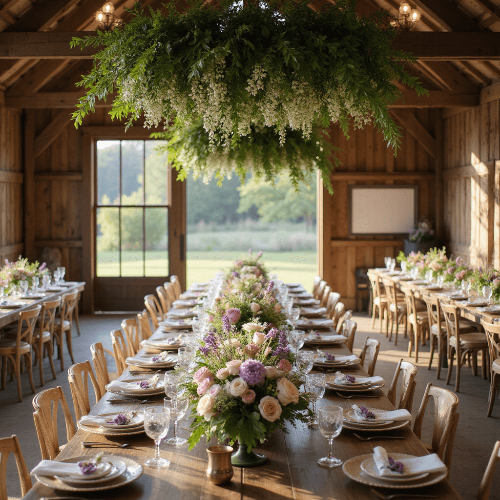 A rustic barn venue illuminated by afternoon sunlight, featuring long wooden tables adorned with vintage china and etched glassware, complemented by lush floral centerpieces and hanging greenery, creating a romantic and enchanting atmosphere.