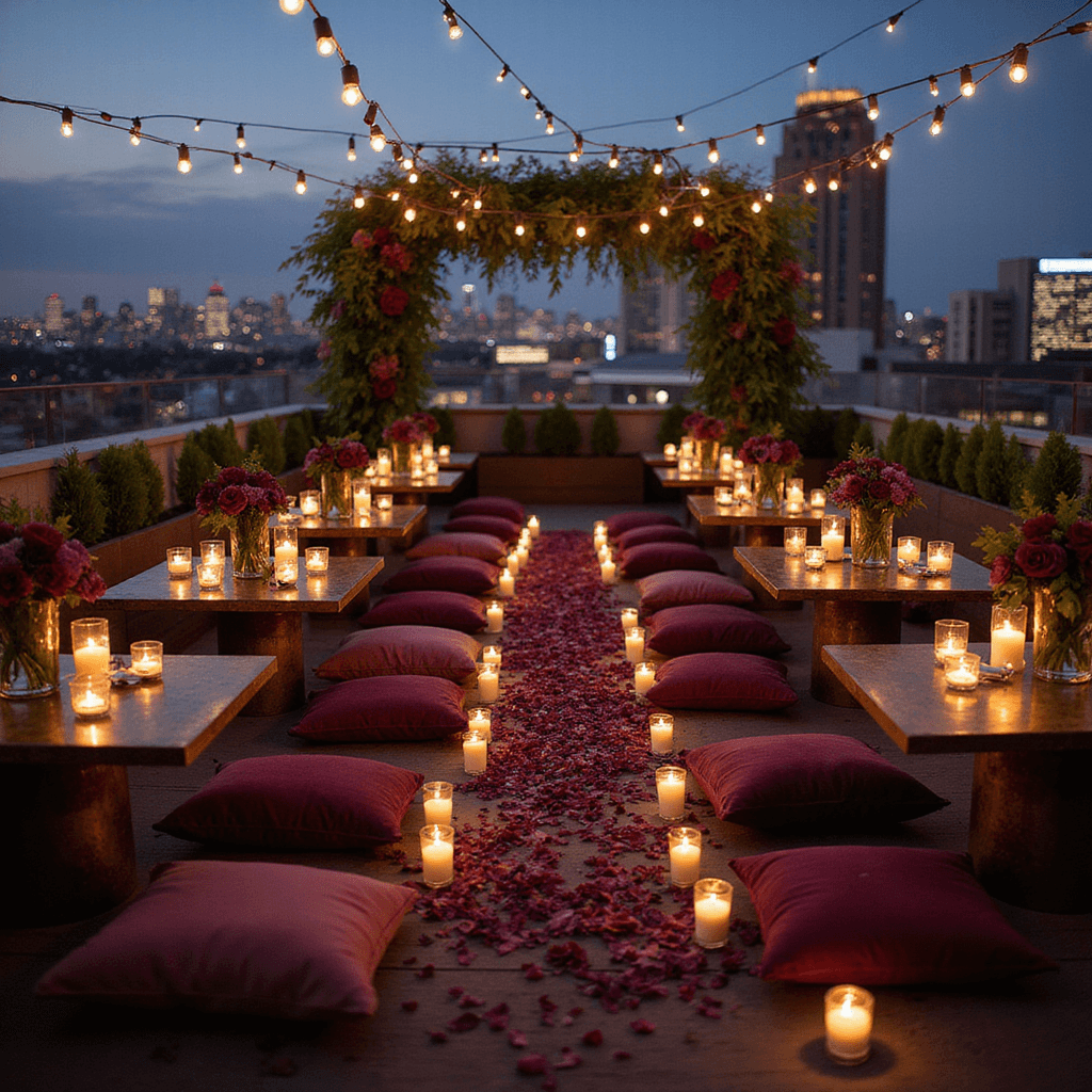 Intimate rooftop terrace at twilight, adorned with candles and string lights, featuring low tables with plush floor cushions in jewel tones, floral centerpieces in brass vessels, and a petal-strewn aisle leading to a modern floral arch against a city skyline.