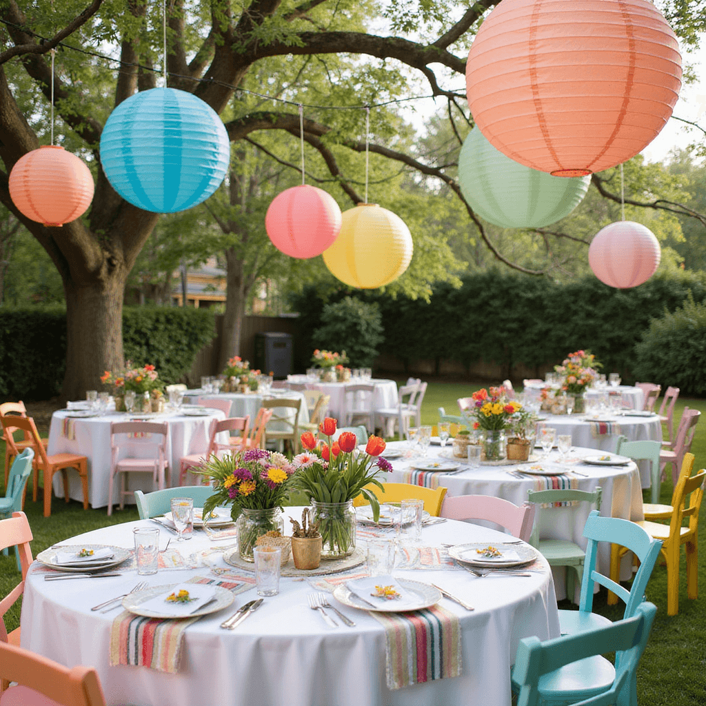 A colorful backyard celebration table setting featuring white linens, striped runners, mismatched chairs, and vibrant floral centerpieces in vintage teapots and mason jars, surrounded by pastel balloons and hanging paper lanterns.