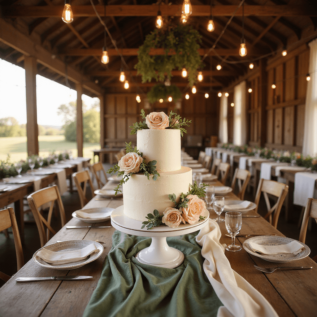 A rustic barn wedding reception at golden hour featuring a long wooden table with a semi-naked three-tiered vanilla cake adorned with blush garden roses and eucalyptus, surrounded by wildflower centerpieces and vintage place settings, illuminated by soft natural light and hanging Edison bulbs.