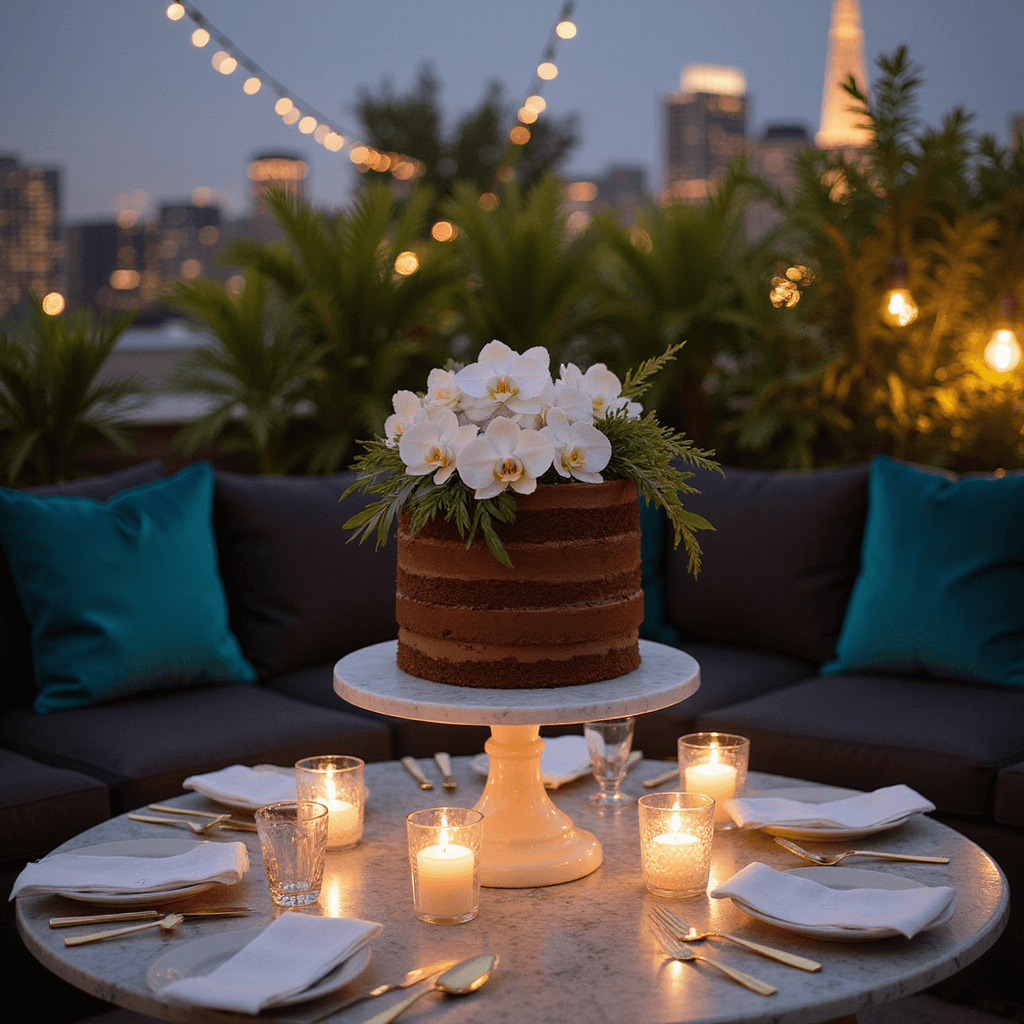 Intimate rooftop terrace celebration at twilight featuring a naked chocolate cake on a marble pedestal, adorned with white orchids and tropical greenery, surrounded by twinkling fairy lights, candles, sleek glassware, and gold cutlery, with modern lounge seating in deep teal.
