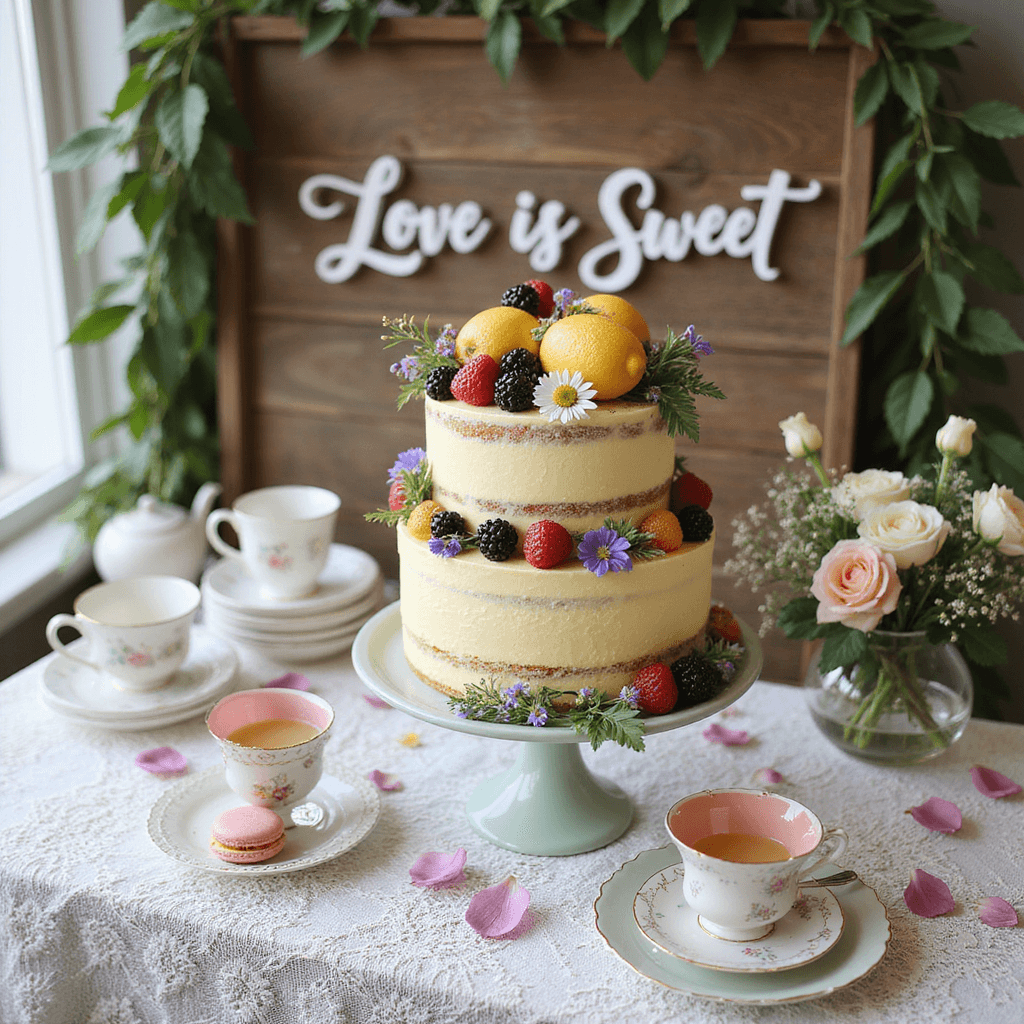 Overhead view of a whimsical garden party bridal shower dessert table featuring a two-tier naked lemon cake topped with seasonal fruits and wildflowers, surrounded by vintage teacups, pastel macarons, and flower petals on a lace-trimmed ivory tablecloth, with a rustic wooden backdrop displaying a 'Love is Sweet' sign in calligraphy, all illuminated by soft morning light.