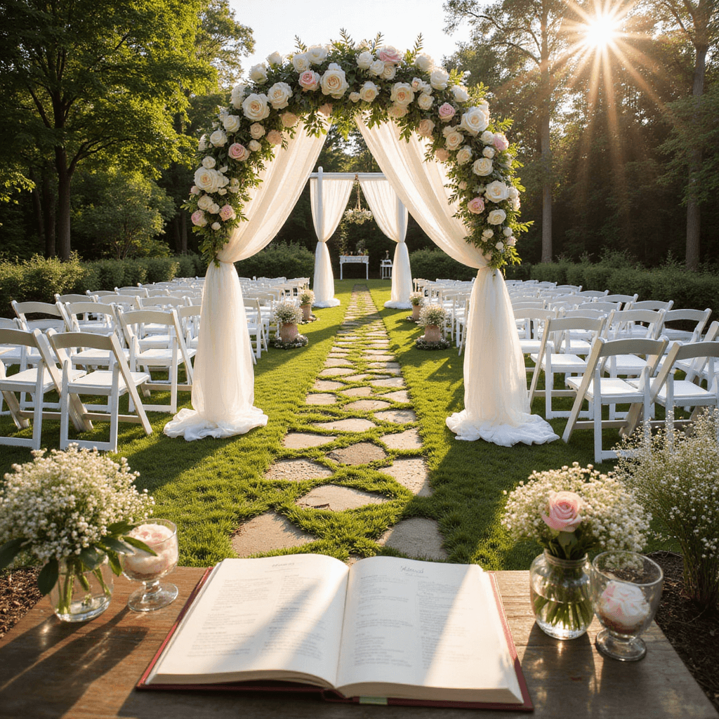 A picturesque garden wedding ceremony featuring an ornate arch adorned with white roses and blush peonies, surrounded by rows of white chairs and delicate baby's breath bouquets, all illuminated by warm golden hour light.