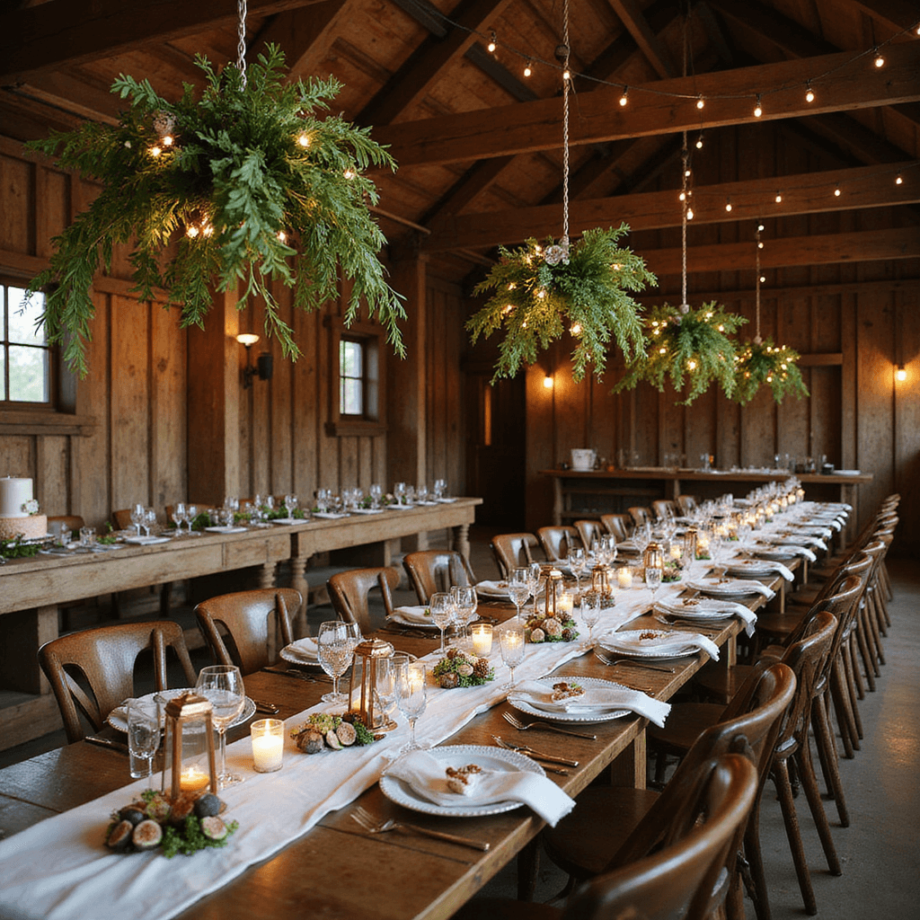 An elevated view of a rustic barn reception featuring long wooden tables with ivory linen runners, greenery garlands, and copper lanterns, mismatched vintage china and crystal goblets, whimsical floral chandeliers with fairy lights, and a dessert table with a naked cake adorned with fresh figs and berries, all illuminated by soft candlelight.