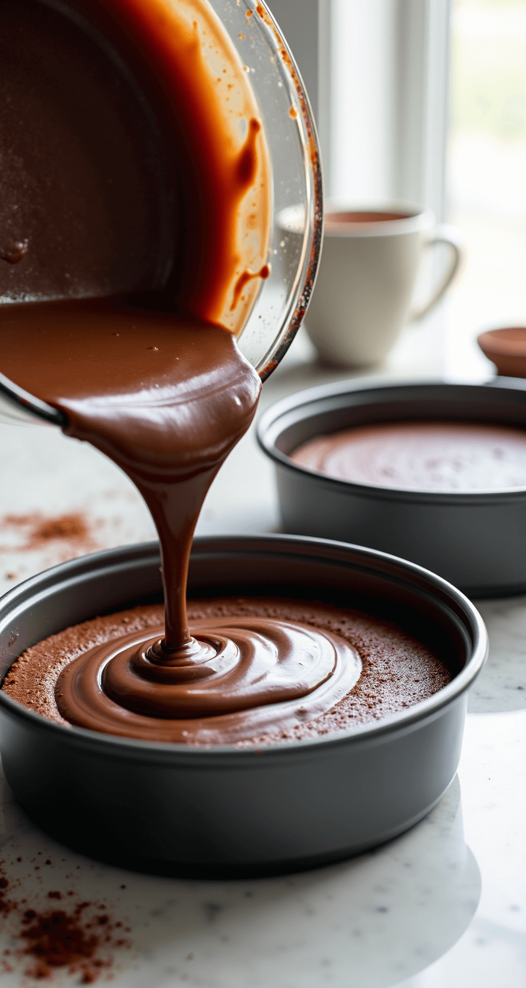 Close-up of rich chocolate cake batter being poured into two 9-inch pans, showcasing its glossy texture in a professional kitchen with marble countertop, scattered cocoa powder, and a cup of coffee in the background.
