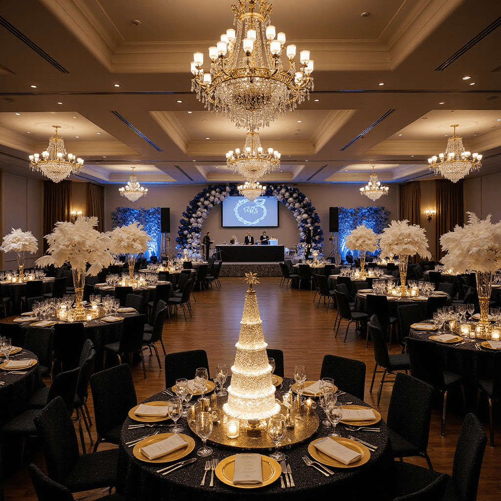 A lavish New Year's Eve party in a grand ballroom, featuring crystal chandeliers, sequined black tables, elegant white orchid centerpieces, a champagne tower, and a mirrored monogram dance floor, with tuxedo-clad waiters serving caviar and champagne amidst a stunning balloon installation.