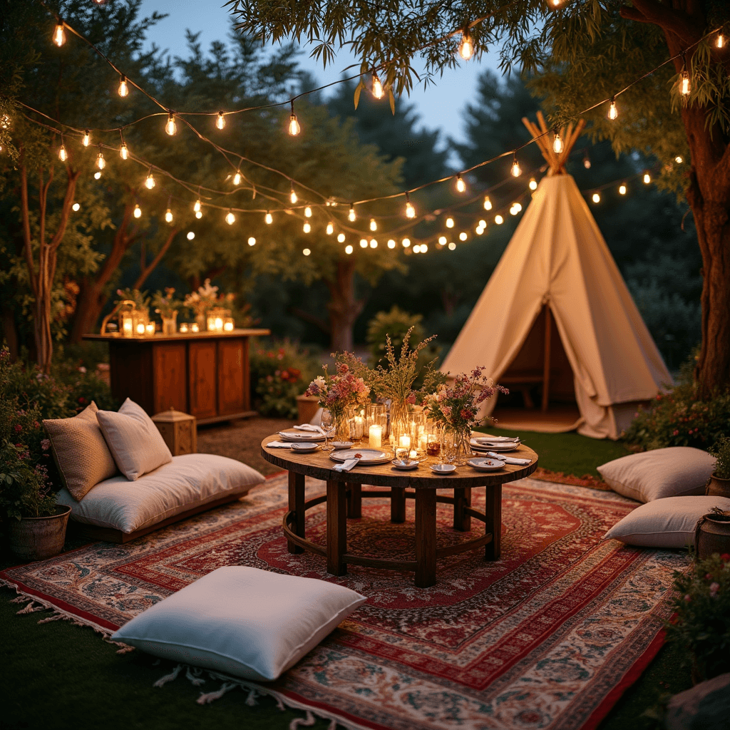 An enchanting boho chic wedding reception in a lush garden at twilight, featuring mismatched vintage rugs, cozy seating areas with low tables and plush cushions, illuminated by strings of fairy lights and lanterns, adorned with macramé runners, brass candleholders, and wildflower arrangements in eclectic vases, with a rustic wooden bar serving craft cocktails and a teepee for tarot reading.