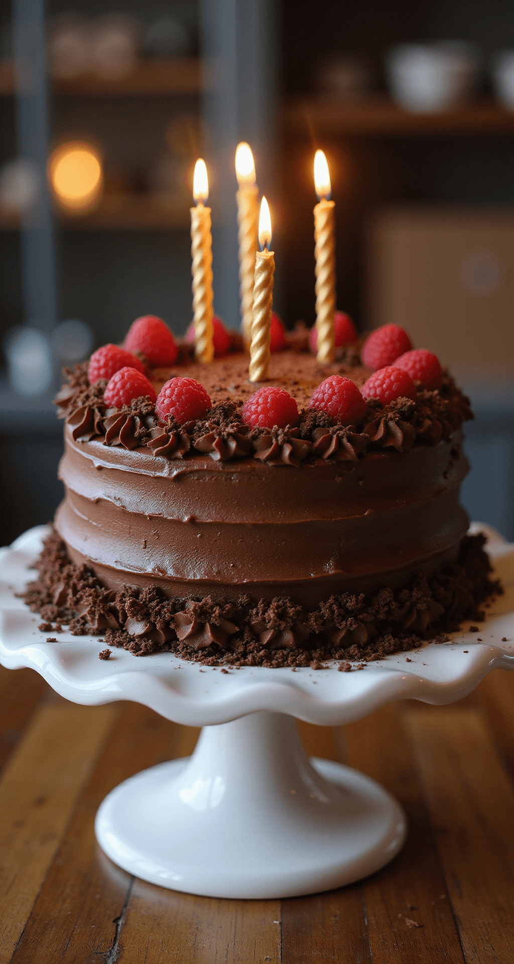 A beautifully decorated two-layer chocolate birthday cake on a white ceramic stand, adorned with fresh raspberries, chocolate shavings, and piped rosettes, with golden candles reflected on a polished table, all set in a warm, celebratory atmosphere.
