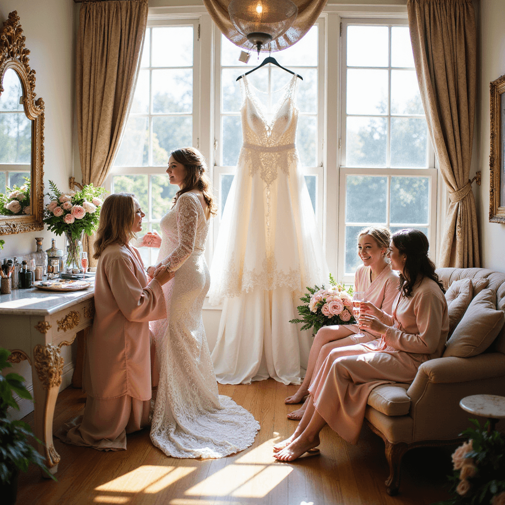 A sunlit bridal suite in a historic mansion features a bride at an ornate vanity with her ivory lace gown nearby, surrounded by laughing bridesmaids in blush silk robes on a velvet chaise lounge, with champagne flutes and fresh pastel bouquets adding color to the scene.
