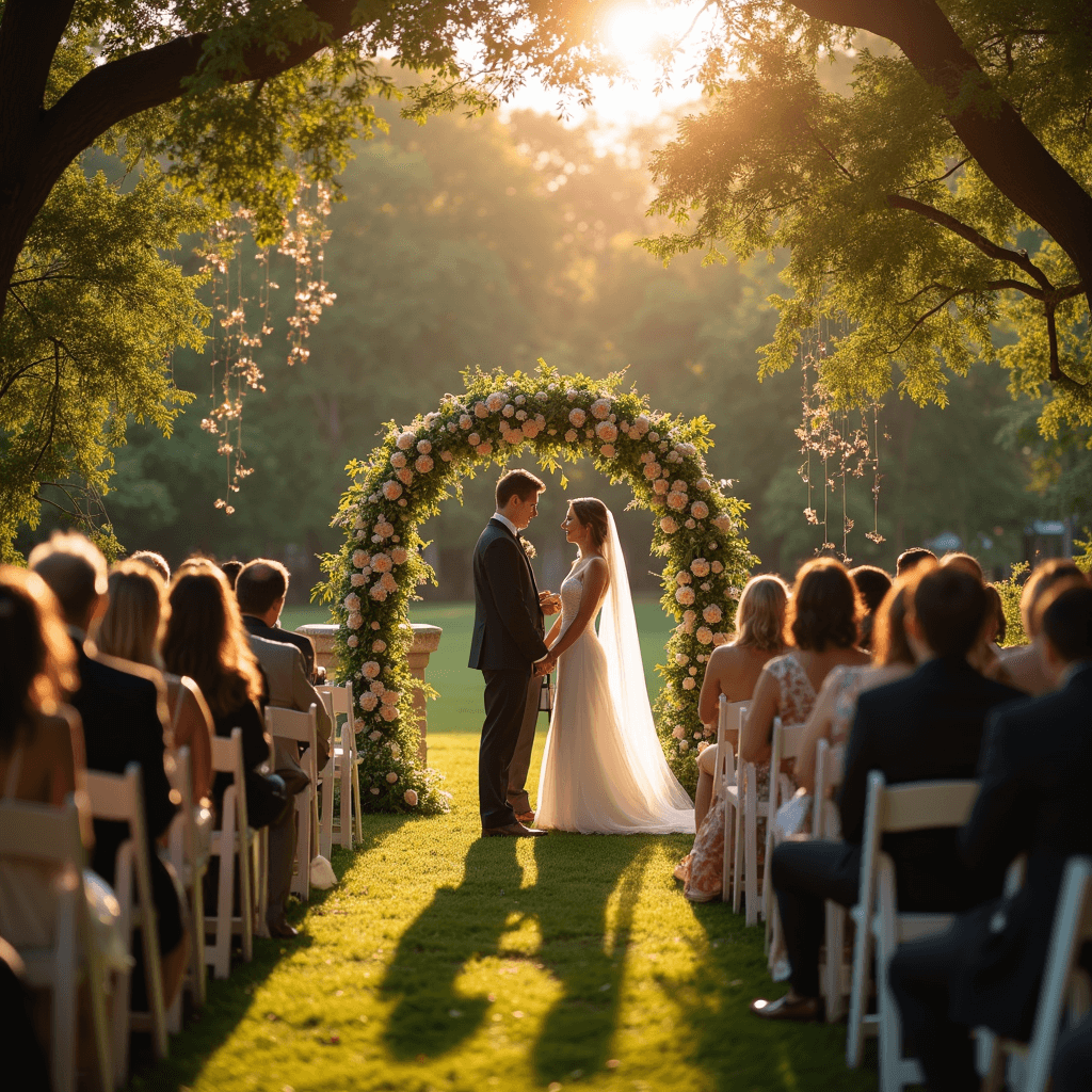 An outdoor wedding ceremony in a lush garden during golden hour, with a flower-adorned arch framing the couple exchanging vows, surrounded by emotional guests seated in white wooden chairs. Delicate fairy lights and lanterns hang from trees, while the bride's flowing gown sways in a gentle breeze as the groom tenderly holds her hands, captured from a slight elevation.