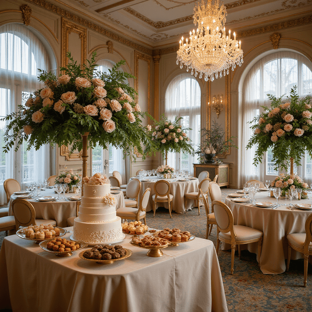 A grand ballroom reception transformed into a whimsical wonderland, featuring crystal chandeliers, champagne silk linens, towering floral centerpieces, ornate architecture, a lavish dessert table with a tiered wedding cake, and twinkling fairy lights.
