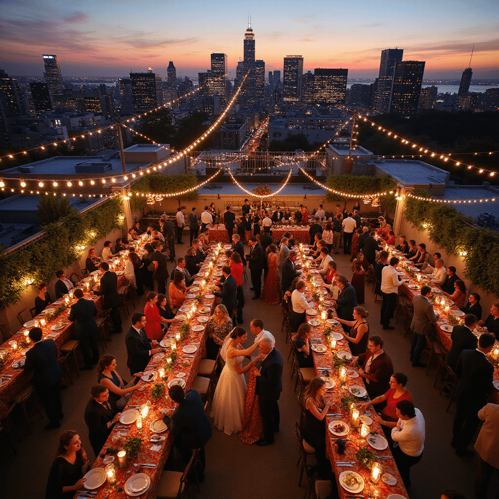 A vibrant rooftop wedding celebration at twilight, featuring string lights, long tables with patterned runners, guests in colorful attire, a central dance floor with newlyweds dancing, and food stations with global cuisines, all against a twinkling city skyline.
