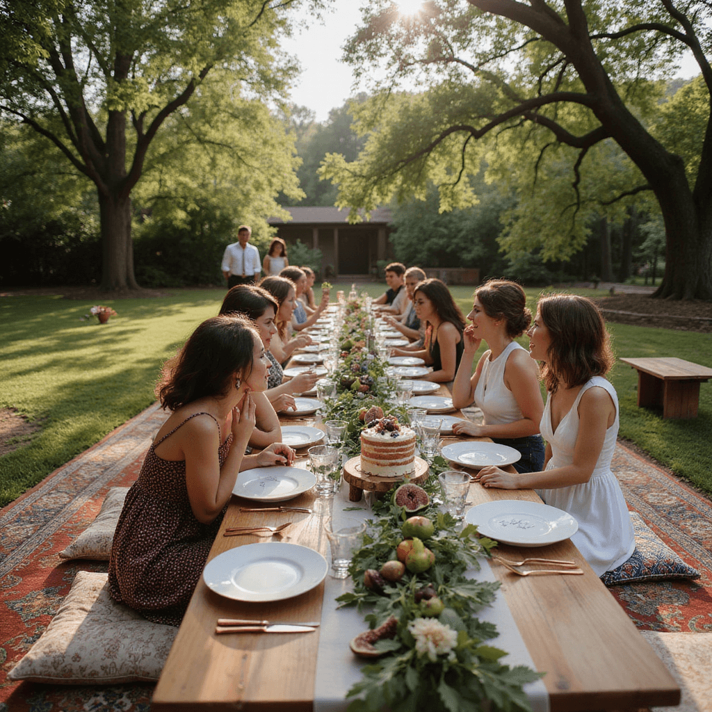 An intimate midday micro-wedding in a backyard, featuring a long farm table with greenery and wildflowers, handmade ceramic plates and copper flatware, as guests enjoy the celebration under dappled sunlight filtering through oak trees. The newlyweds are cutting a small naked cake decorated with figs and berries, while cozy lounge areas with vintage rugs and floor cushions are nearby.
