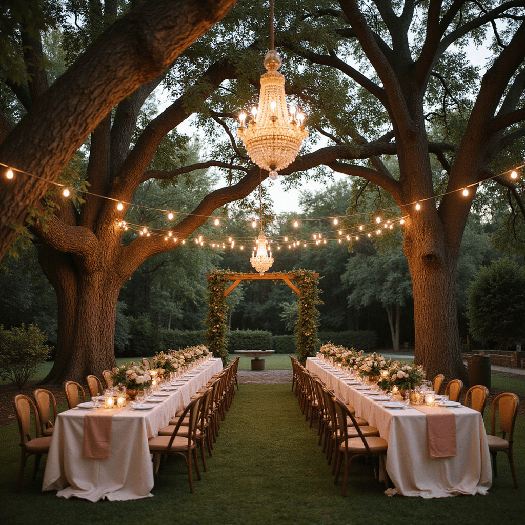 A twilight backyard wedding scene with golden hour light, featuring fairy lights strung between oak trees, long wooden tables with blush pink and cream linens, lush garden roses in antique brass vases, vintage crystal chandeliers, and a rustic wooden arch draped in climbing roses and ivy.