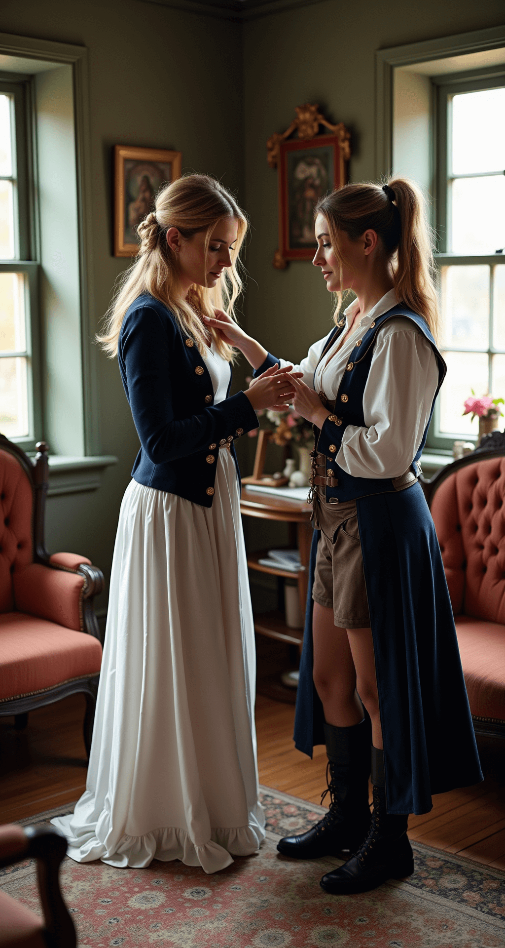 Two women in a cozy living room help each other style pirate costumes, one in a navy coat with gold buttons and the other in a flowing white dress with leather accents, illuminated by natural light that enhances the vintage decor around them.