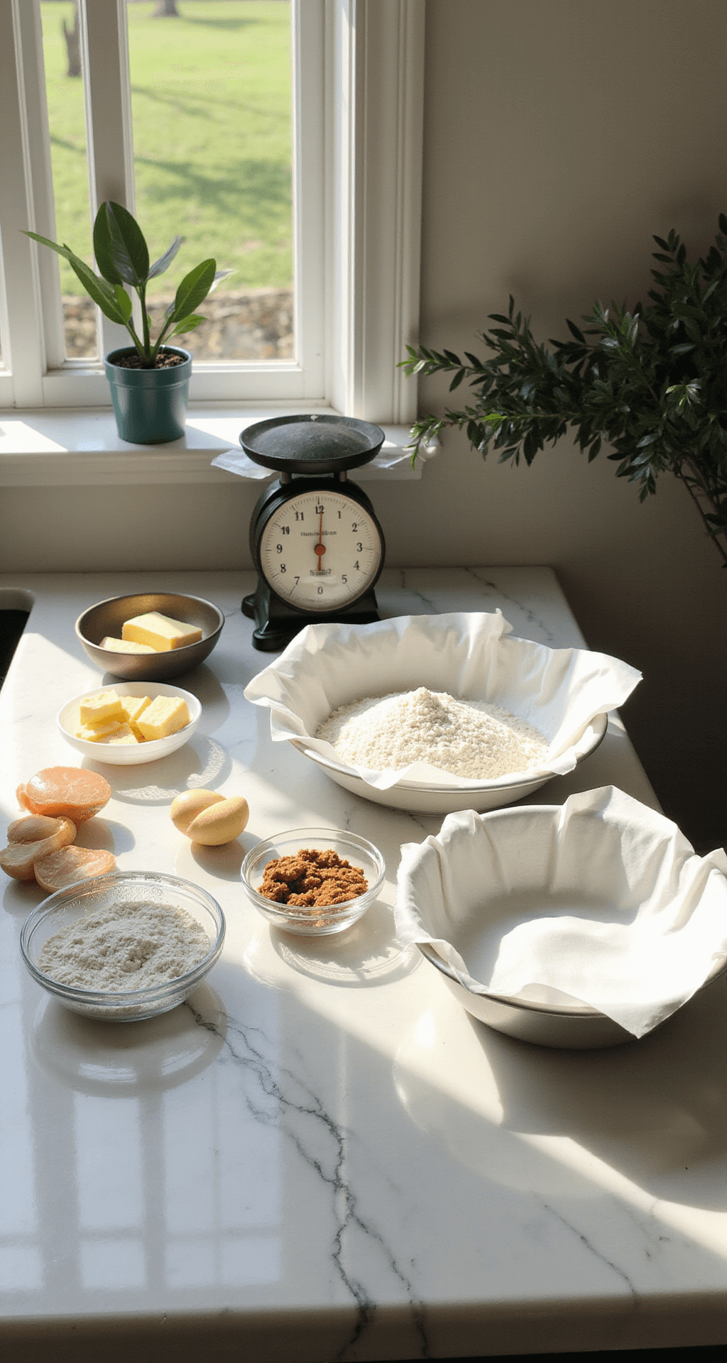 A sunlit kitchen with a marble countertop featuring neatly arranged baking ingredients, including room temperature eggs, softened butter, and measured flour in glass bowls, alongside a kitchen scale and parchment-lined cake pans.