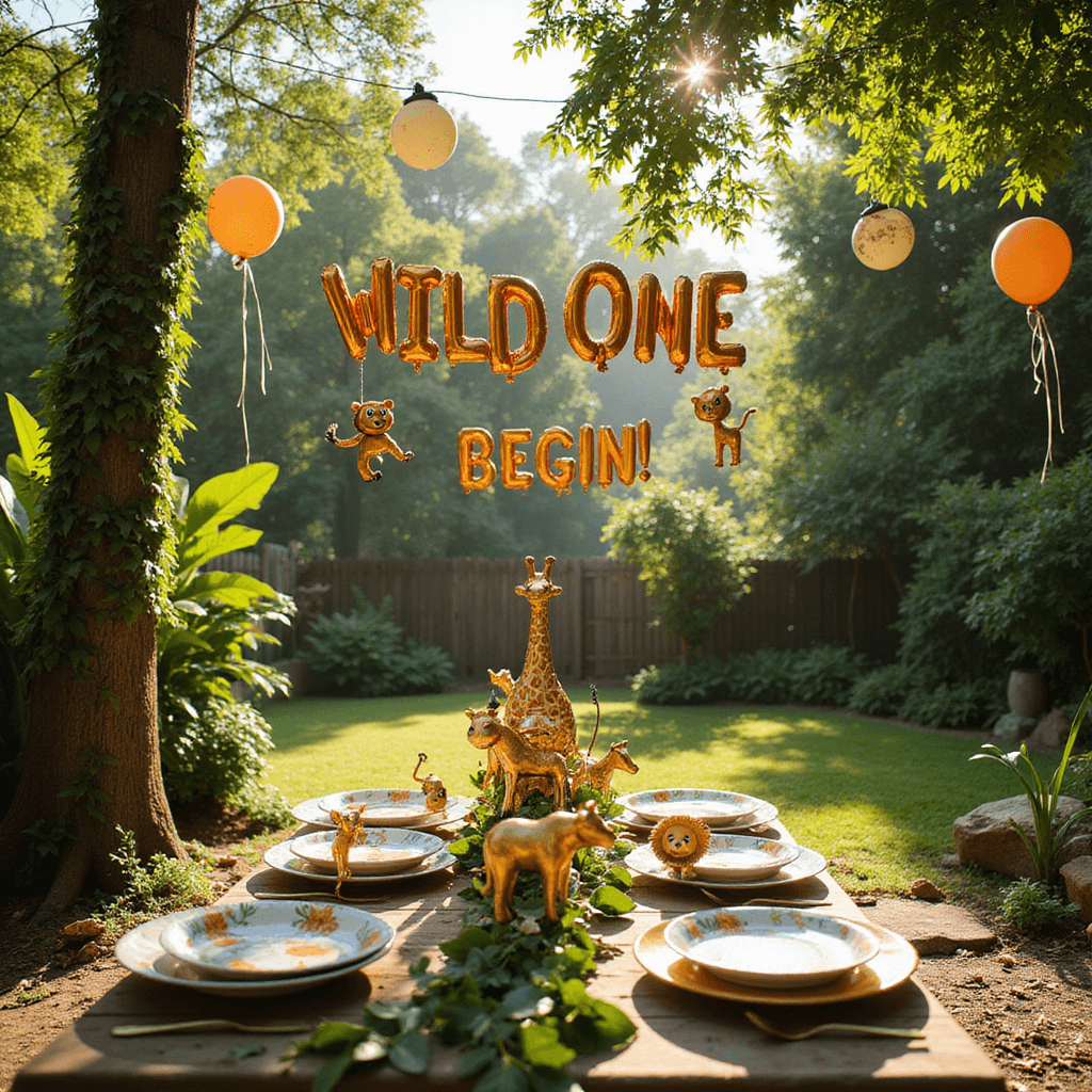 A vibrant backyard transformed into a whimsical jungle playground for a 'Wild One' first birthday party, featuring animal-shaped balloons, 3D jungle decorations, and a 'Let the Adventure Begin!' balloon sign. A beautifully decorated table with gold safari animal figurines, themed plates, and ivy leaf garlands, all illuminated by soft, dappled sunlight through tree branches.