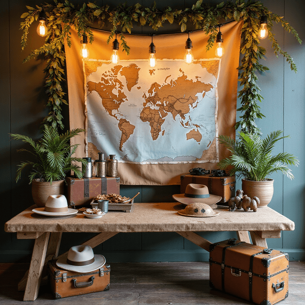 Close-up of a beautifully styled adventure station for a Wild One birthday celebration, featuring a rustic wooden table with explorer vests, binoculars, and safari hats, vintage suitcases filled with dress-up items, a hand-painted map backdrop, and warm Edison bulb lighting illuminating burlap, leather, and canvas textures, with greenery and small animal figurines scattered throughout.