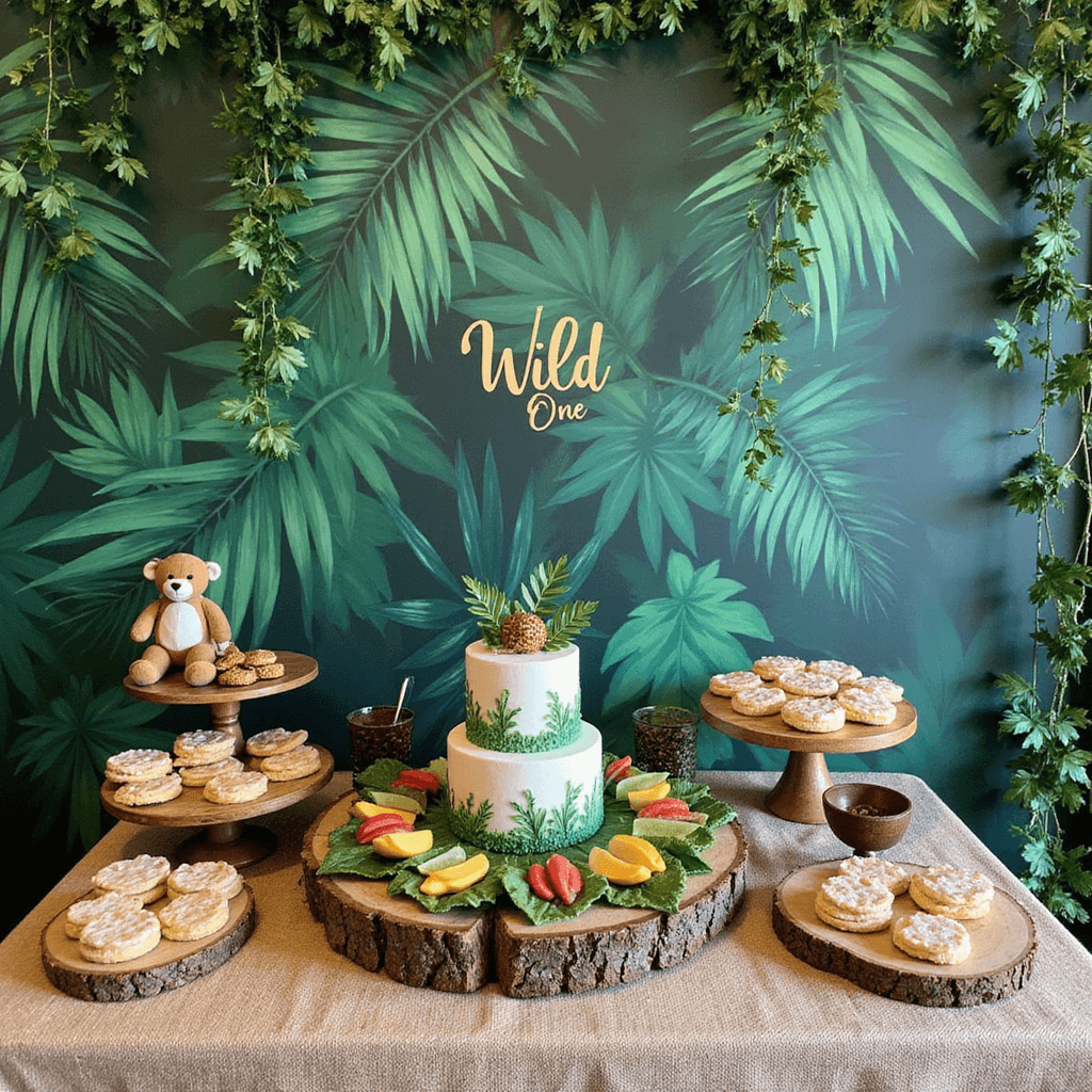 Overhead view of a 'Wild One' themed dessert table with a tiered jungle smash cake, animal-shaped cookies on wood slices, and a tropical fruit platter, set against a tropical leaf mural, featuring burlap tablecloth, gold accents, and hanging vines.