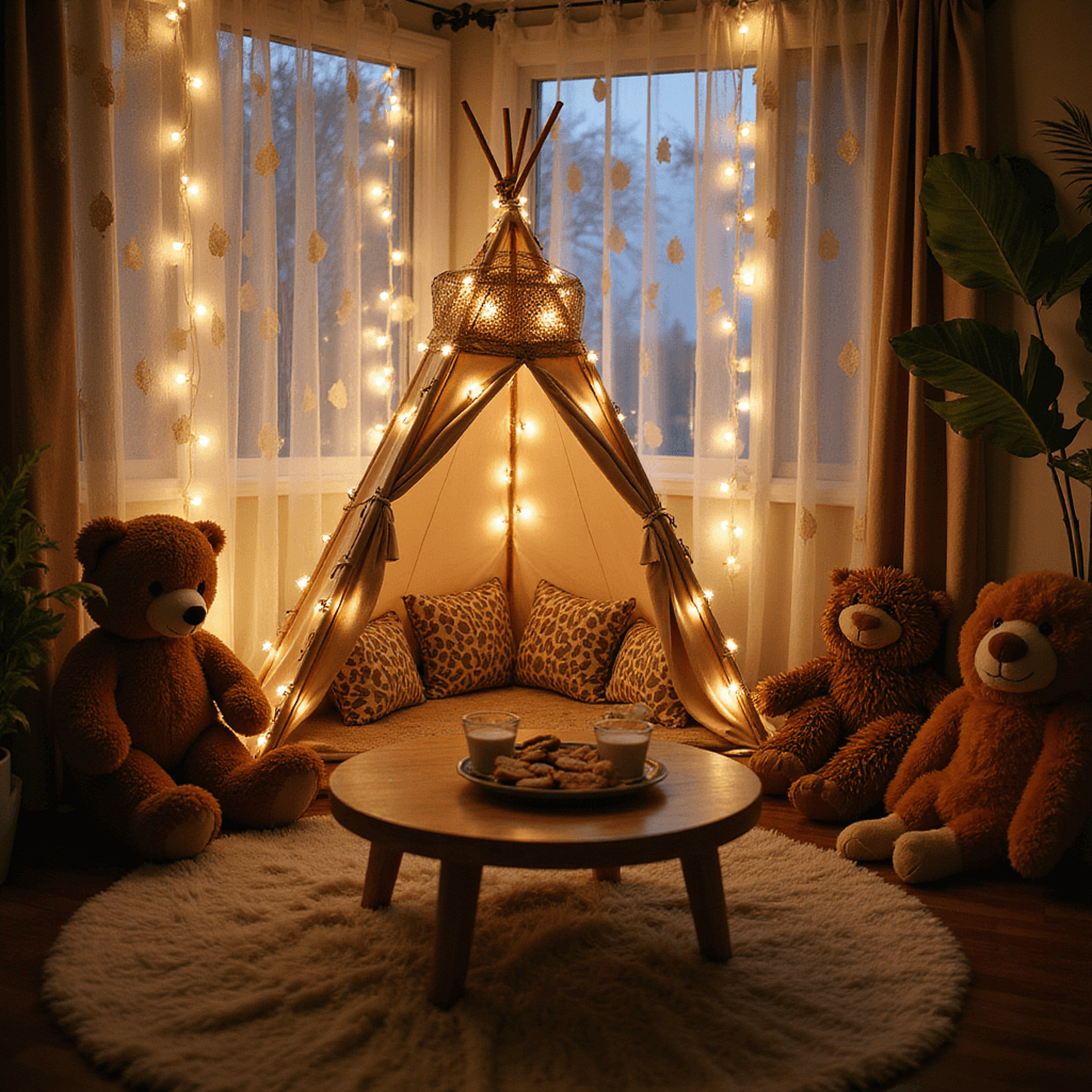 A cozy living room corner with a teepee decorated in twinkle lights and jungle-print cushions, surrounded by oversized stuffed animals. Sheer leaf-patterned curtains filter the warm light, and a low table with milk and cookies rests on a plush faux fur rug, creating a dreamy atmosphere for little explorers.