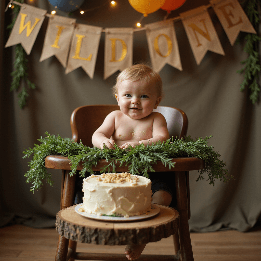 A close-up of a birthday high chair adorned with a burlap 'Wild One' banner and a greenery garland, featuring a mini safari-themed smash cake on a wood slice, surrounded by bokeh lights and colorful balloons, capturing the joyful chaos of a one-year-old's celebration.