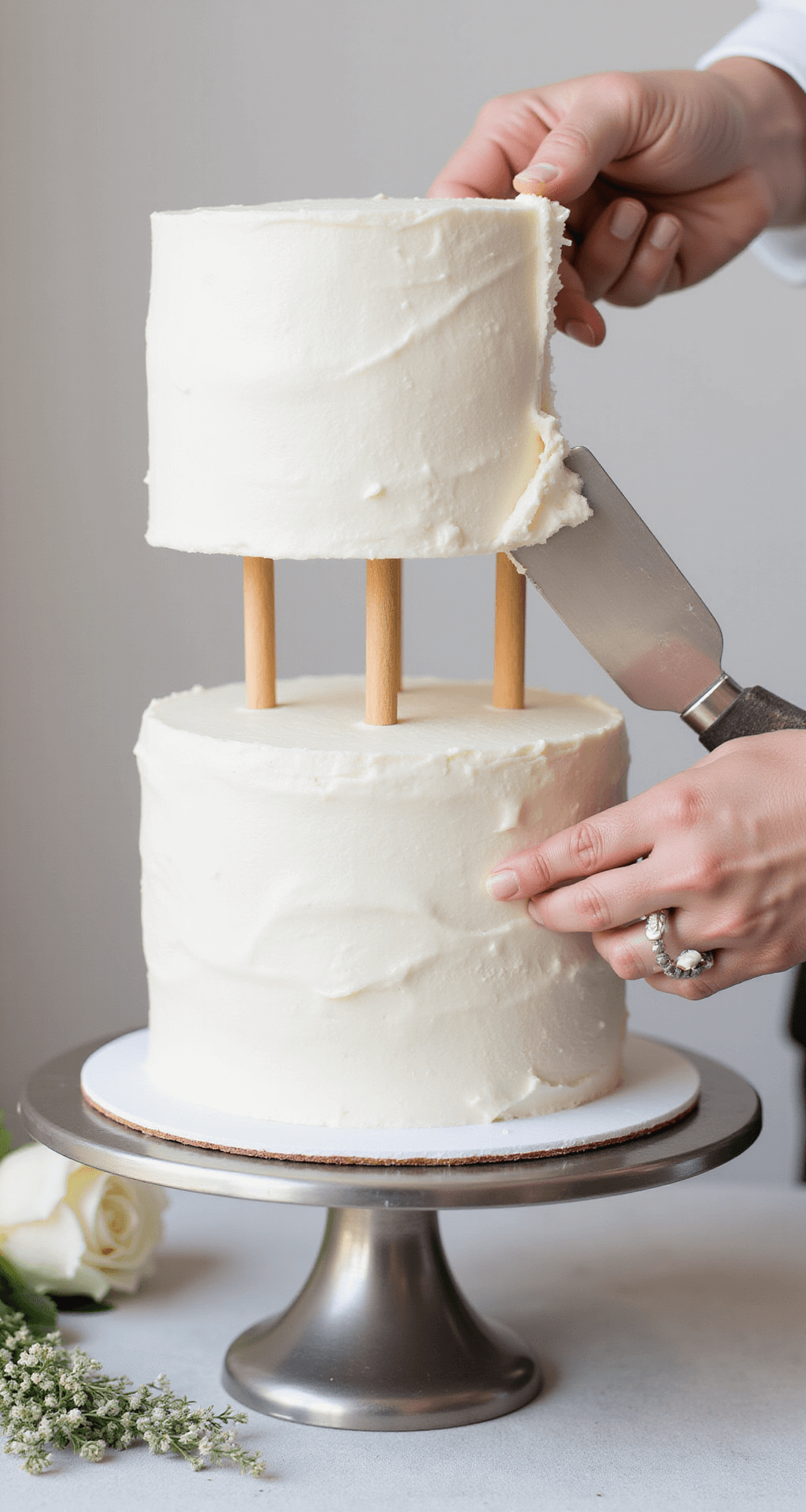 Close-up of hands placing the final tier on a white wedding cake with cream cheese frosting, featuring dowels and an offset spatula. The cake is adorned with fresh roses and baby's breath, set on a silver stand against a neutral background.