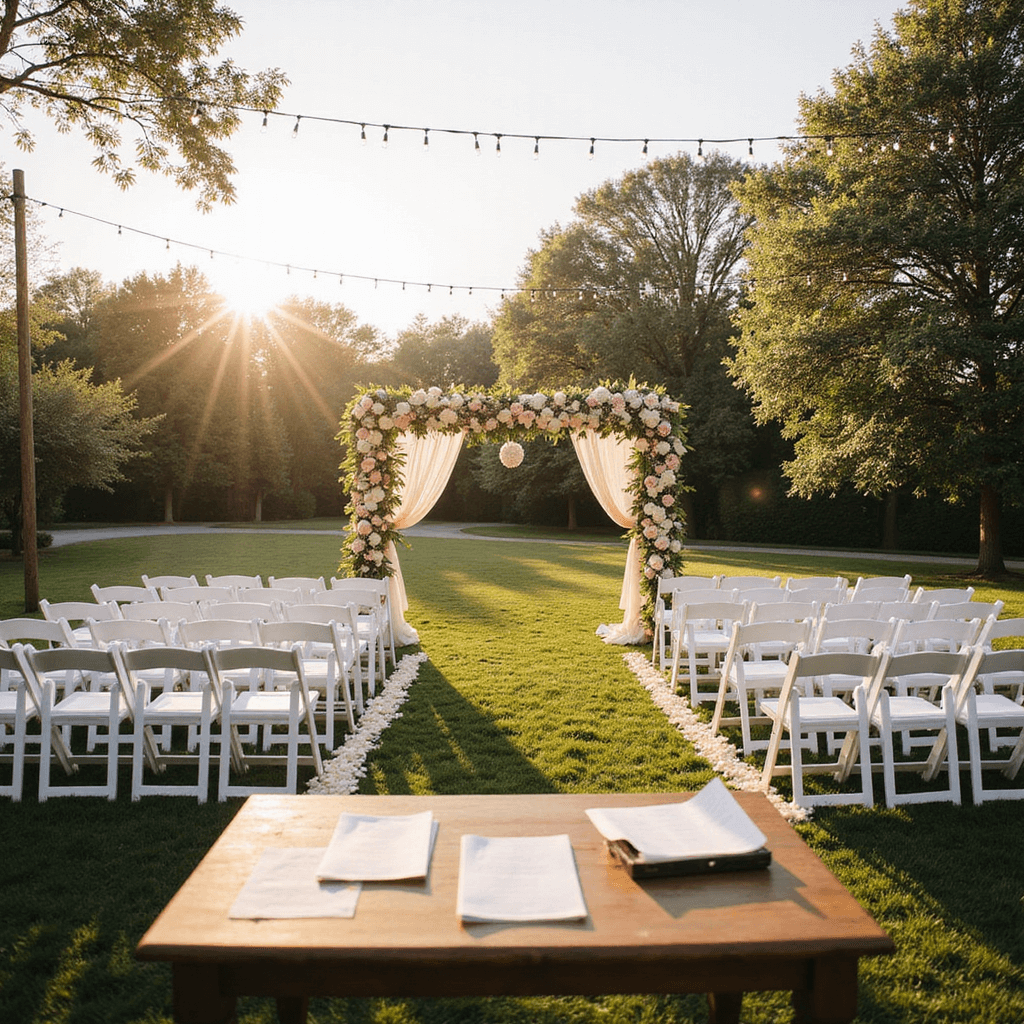 A sun-drenched garden wedding ceremony featuring rows of white chairs, a floral arch adorned with blush peonies and cream roses, and fluttering silk ribbons, all illuminated by warm golden hour light with string lights overhead. A vintage wood table in the foreground holds programs and a guest book, surrounded by manicured lawns and blooming trees.