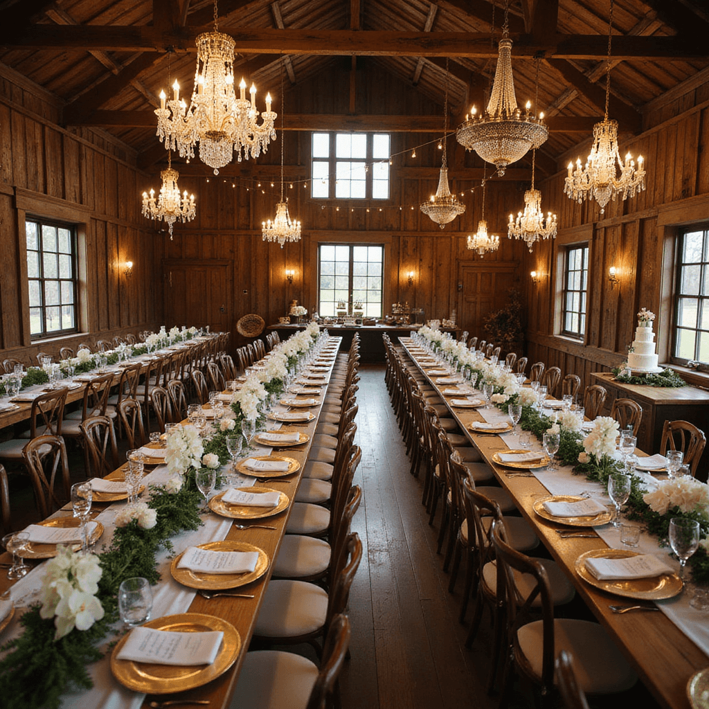 An overhead view of a cozy winter wedding reception in a barn, featuring long wooden tables with evergreen and white orchid garlands, gold chargers, and ivory linens, illuminated by crystal chandeliers, with a dessert table showcasing a tiered white cake and vintage treats, and fur throws on chairs for added warmth.
