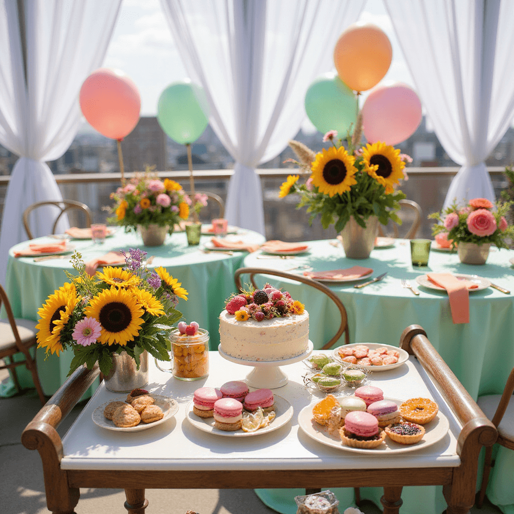 A close-up of a dessert cart filled with colorful macarons, fresh fruit tarts, and a small naked cake decorated with edible flowers, set against a backdrop of sheer white drapes and a city skyline. Round tables with mint green linens and coral napkins are adorned with eclectic floral arrangements, while oversized balloons in sherbet colors bring a playful vibe to the vibrant summer bridal shower on a rooftop terrace.