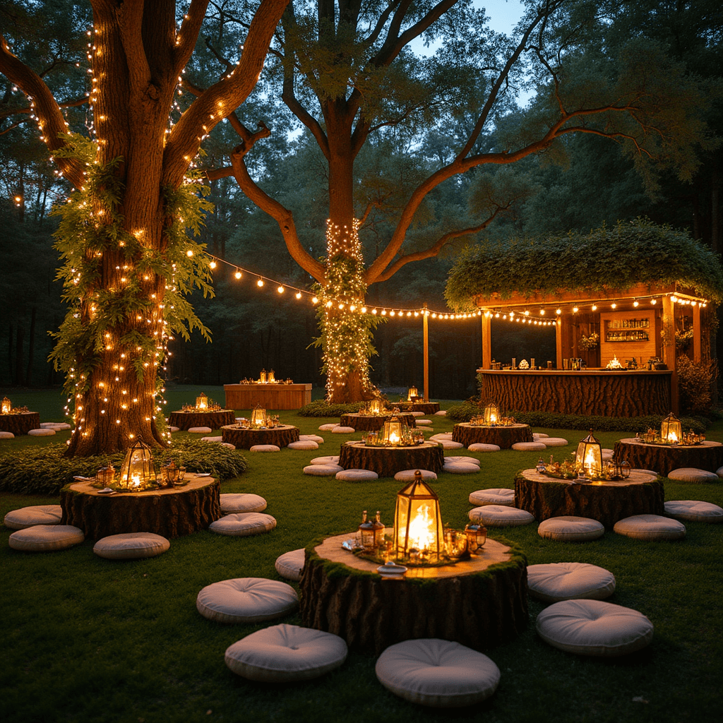 An enchanted forest-themed engagement party at twilight, featuring towering trees wrapped in fairy lights, low tables with moss runners and centerpieces of ferns and lanterns, a bar resembling a hollow tree trunk, and a cozy fire pit area surrounded by log seating.