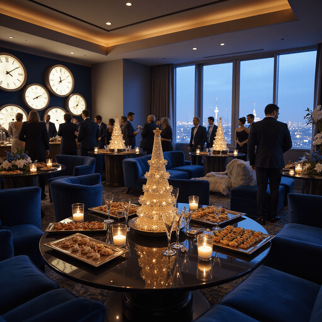 A luxurious New Year's Eve cocktail party in a modern penthouse, featuring a champagne tower, elegant hors d'oeuvres, velvet lounge seating, and a glittering city skyline through floor-to-ceiling windows, with a DJ booth and oversized illuminated clock faces counting down to midnight. The color scheme is deep midnight blue, silver, and gold, with decorative floral arrangements of white calla lilies and blue thistle.
