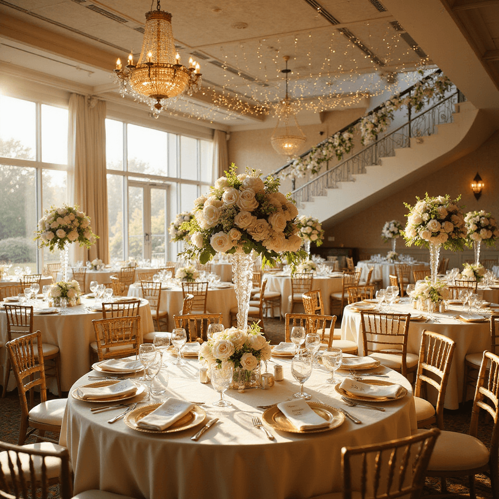 A luxurious ballroom wedding reception featuring round tables with ivory silk linens, tall floral centerpieces, crystal chandeliers, fairy lights, gold-rimmed place settings, and a marble staircase adorned with white flowers and candles, all illuminated by soft golden hour light.