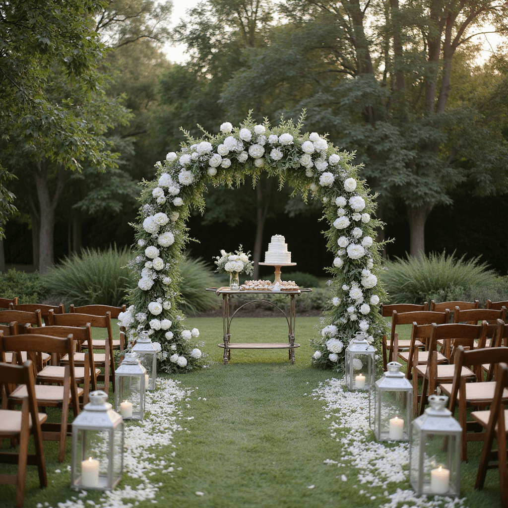 An intimate garden wedding ceremony with a flower-covered arch, rustic wooden chairs adorned with baby's breath, an aisle lined with lanterns and rose petals, a vintage dessert cart, and a string quartet under fairy lights at sunset.