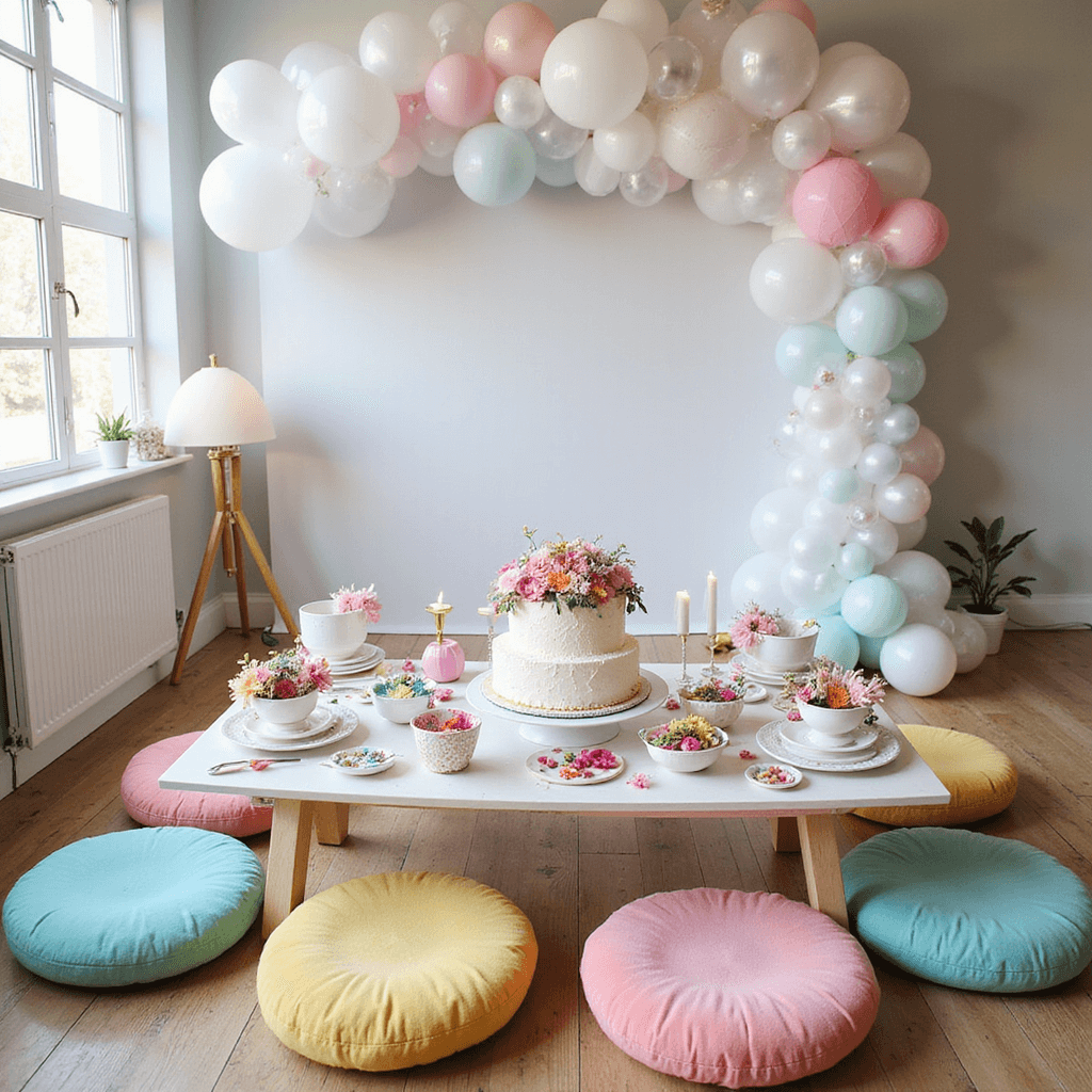 A whimsical children's birthday celebration in a sunlit loft, featuring a low central table surrounded by pastel floor cushions, a colorful tablescape with ceramic and melamine plates, fresh flower crowns, a white balloon backdrop, a tiered cake adorned with edible flowers, and a craft station with paper and markers.