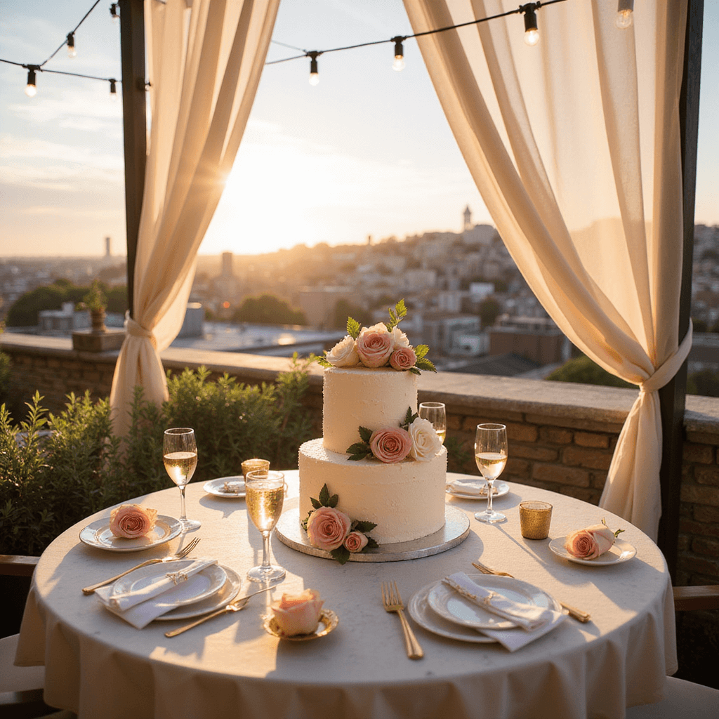 A romantic anniversary celebration on a sun-drenched rooftop terrace at golden hour, featuring a round marble-top table with a 3-tier white buttercream cake adorned with blush and ivory sugar flowers, vintage champagne coupes, gold cutlery, and loose garden roses, framed by flowing sheer ivory drapery and soft string lights illuminating the stunning cityscape.
