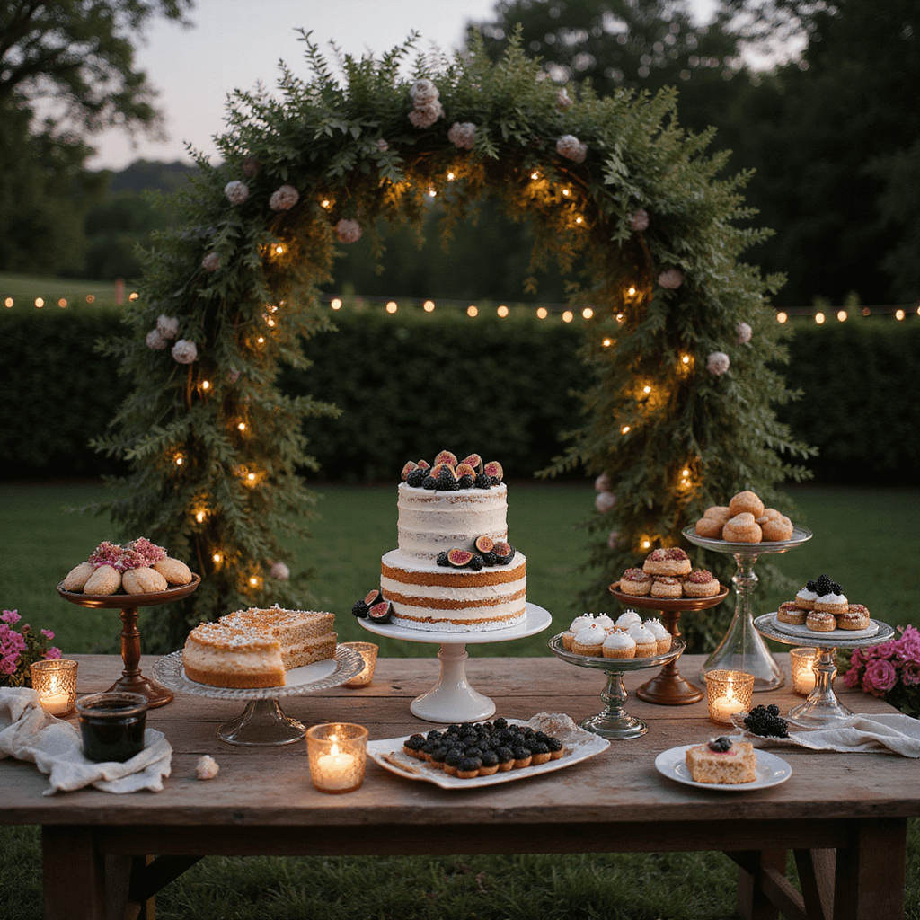 Enchanted garden at twilight featuring a whimsical dessert display on a weathered wood farm table, centered by an 8-inch naked cake with fresh figs and blackberries, surrounded by vintage cake stands, mercury glass votives, and trailing ivy, with twinkling fairy lights and a lush floral arch in the background.