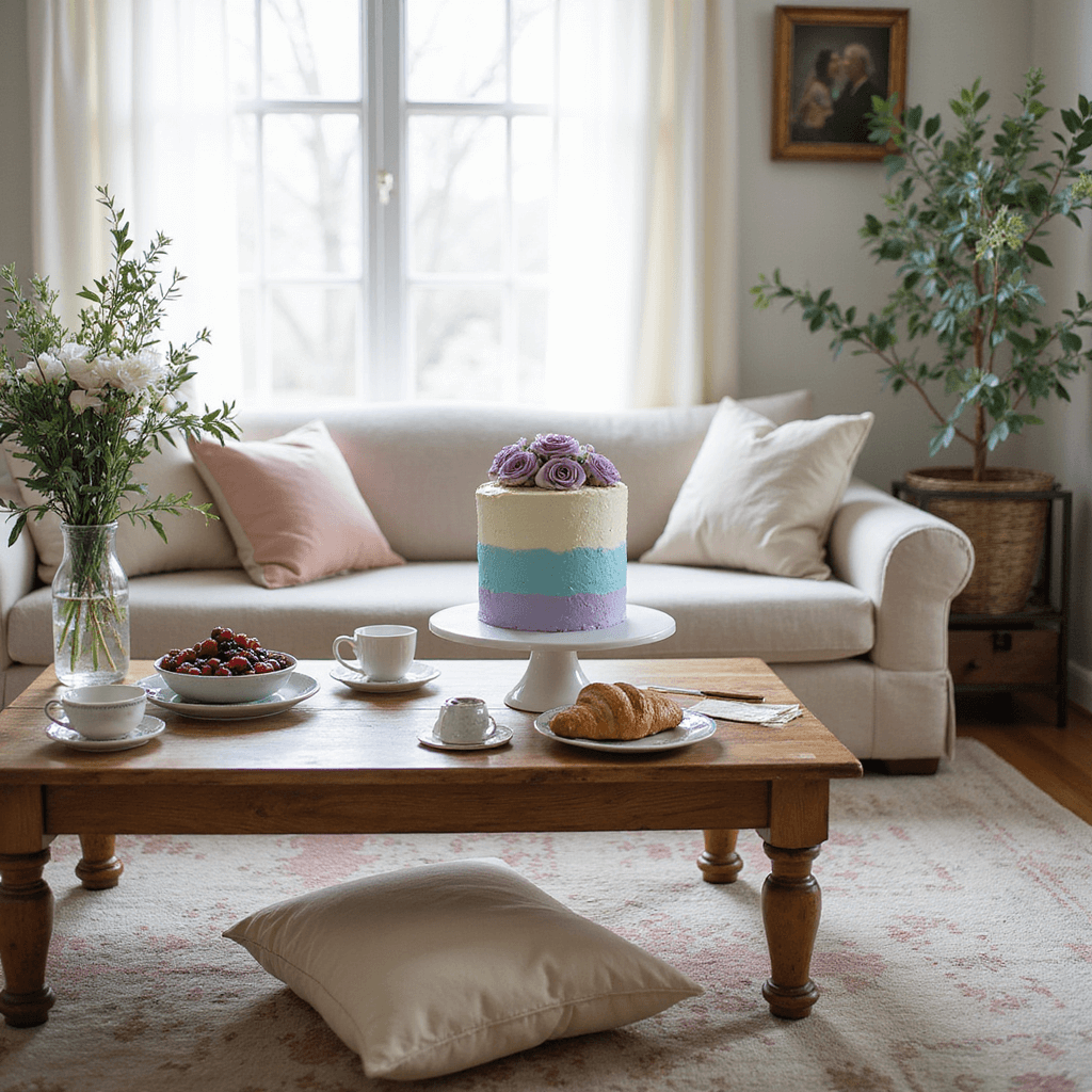 A cozy living room set for an intimate anniversary brunch, featuring a pastel ombre buttercream cake, vintage teacups, croissants, and ripe berries on a low coffee table, with soft morning light, plush floor cushions, and a bouquet of peonies and eucalyptus.