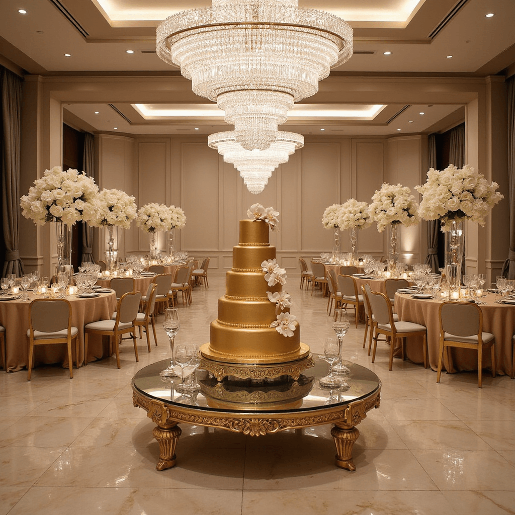 A luxurious hotel ballroom set for an anniversary gala, featuring a grand gold cake on a mirrored table, surrounded by white orchids and crystal candelabras, under a stunning crystal chandelier, with champagne silk-draped round tables adorned with tall floral centerpieces.