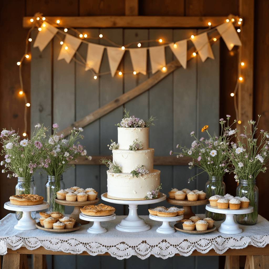 A beautifully styled rustic barn interior for a country anniversary celebration, featuring a 3-tier semi-naked cake with fresh wildflowers, mini pies, and cupcakes on vintage cake stands, surrounded by mason jars of wildflowers, twinkle lights, burlap bunting, and delicate lace accents in warm natural light.