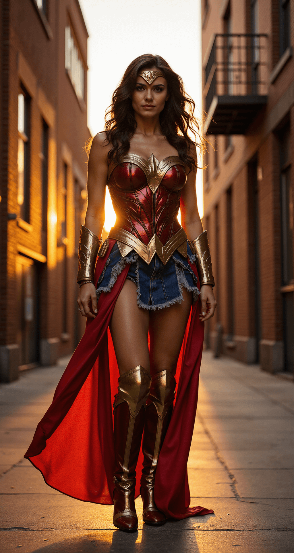 A female cosplayer dressed as a modernized Wonder Woman stands in an urban alley during golden hour, showcasing intricate metallic armor and flowing red and gold fabric. The warm sunset light highlights the weathered details of her costume against the backdrop of industrial brick walls and fire escapes. The portrait shot captures the craftsmanship with a subtle depth of field.
