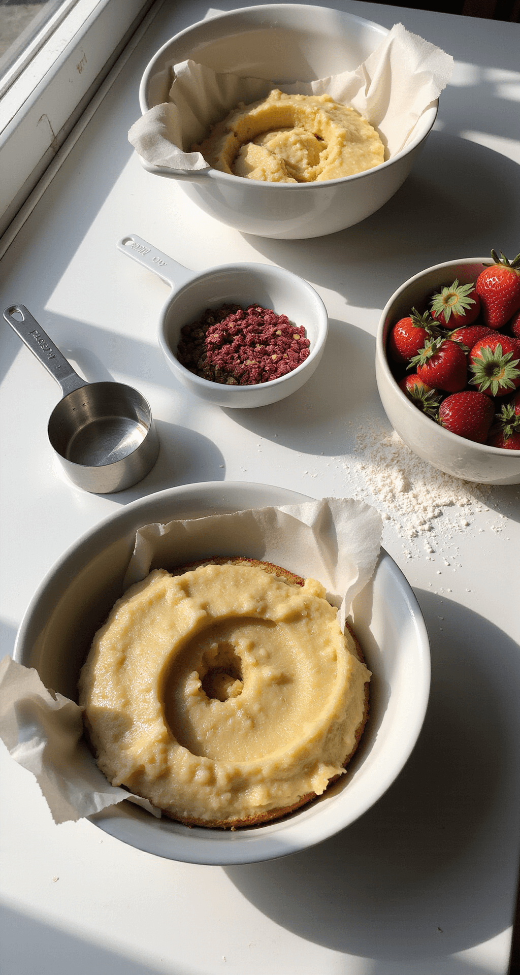 A sunlit kitchen counter featuring vintage mixing bowls with vibrant mashed bananas and crushed freeze-dried strawberries, measuring cups, fresh ingredients, and a dusting of flour, with a 6-inch cake pan lined with parchment paper and fresh strawberries with edible flowers in a ceramic bowl.