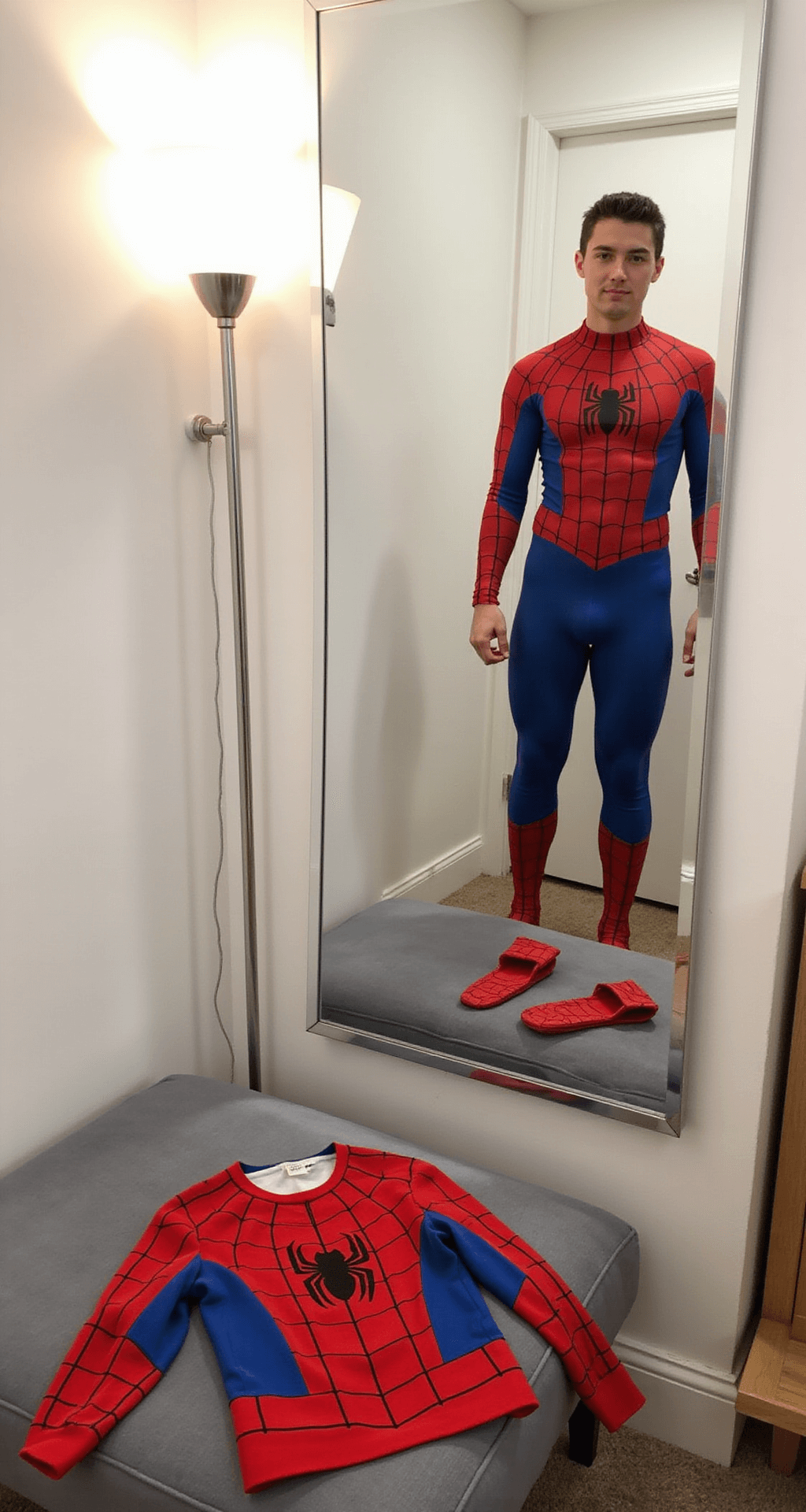 A bright, minimalist dressing room featuring a budget-friendly Spider-Man costume transformation, with clean white walls and soft lamp lighting. A full-length mirror shows the before and after styling, accompanied by a well-fitted morphsuit, handmade web-shooters, and a DIY chest logo placed on a velvet ottoman.